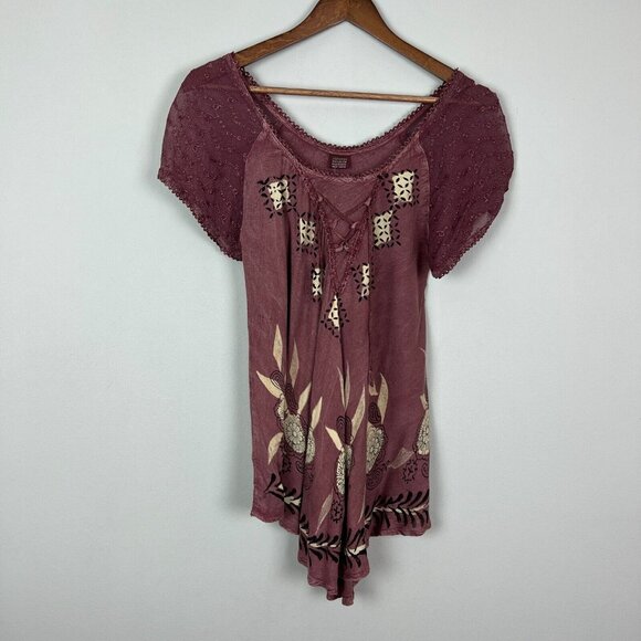 Jackpot‎ Tunic Top Womens OS One Size Fits Most Embroidered Lace Up Sheer Floral - Picture 14 of 14